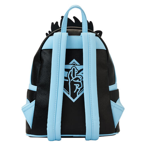 Image of the backside of the Satoru Gojo Cosplay mini backpack which is black with blue straps and has a symbol of Satoru Gojo's hand movement with his fingers crossed when he casts his Domain.